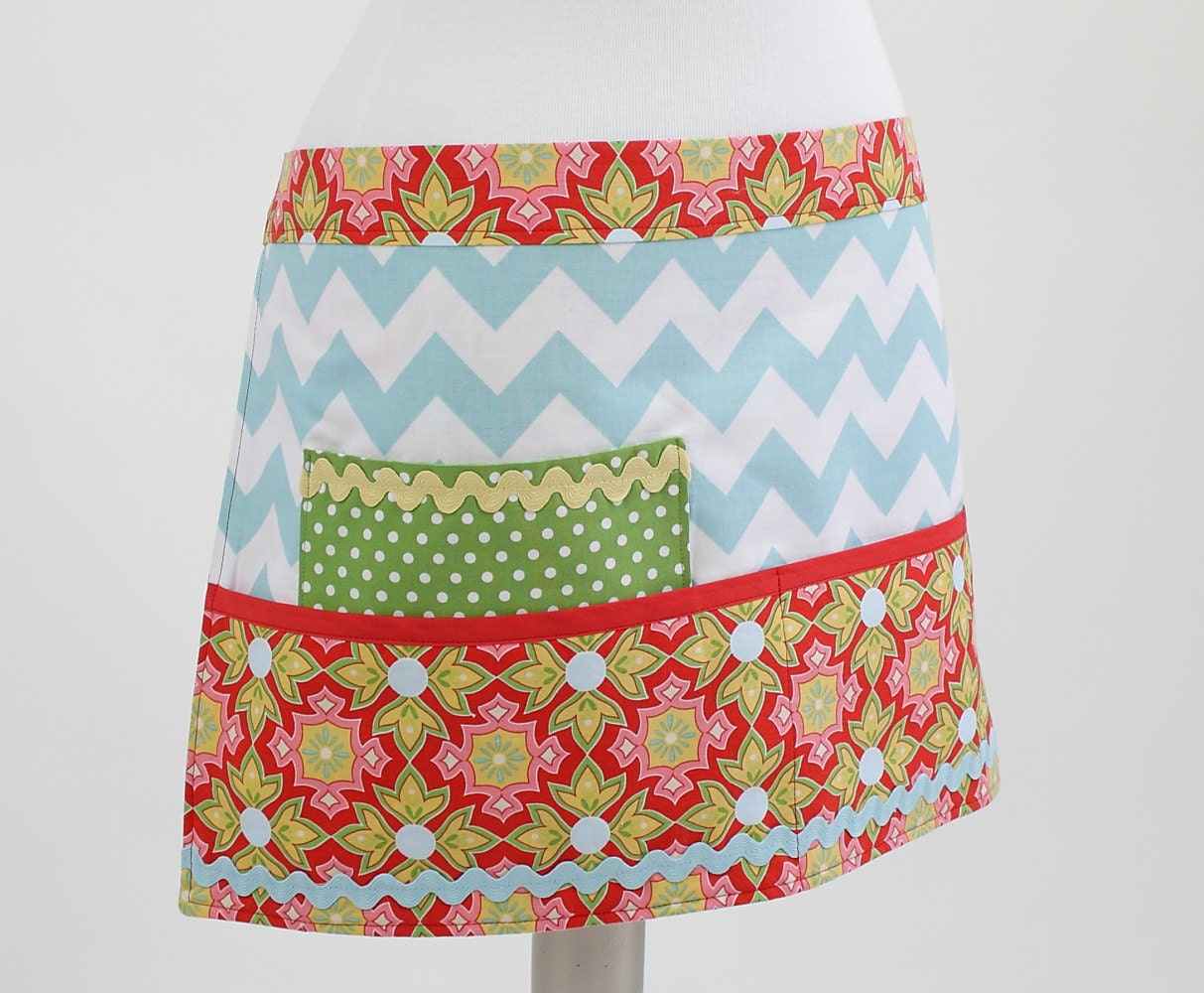 Aqua Chevron, Green and Red Vendor Half Apron Waitress Style Riley Blake Fabric