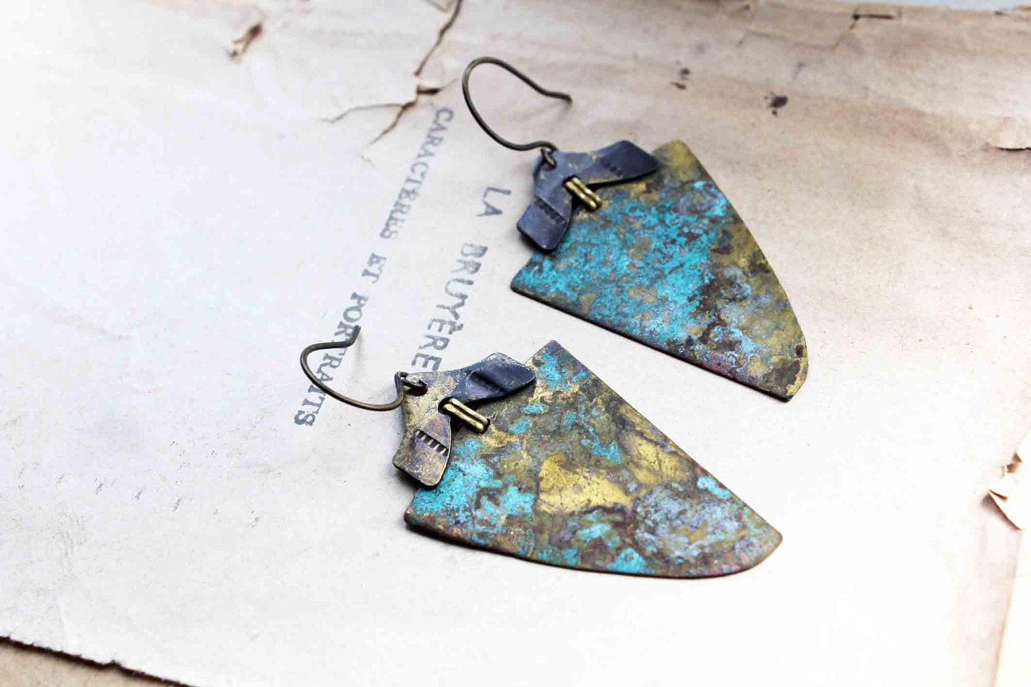 Triangle verdigris earrings verdigris patina on brass triangle rustic urban