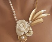 Hand Made Necklace Pearls Roses Vintage Repurposed Sculpted Flower
