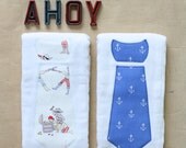 Baby Burp Cloths with Necktie in Pirates and Anchors, Set of 2 Baby Boy Burp Cloths in Multi-colored Pirate Print and Blue Anchor Print