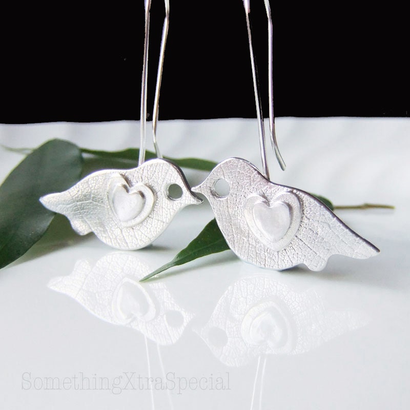 Silver Bird Earrings, Silver Love Bird Earrings, Dangly Earrings