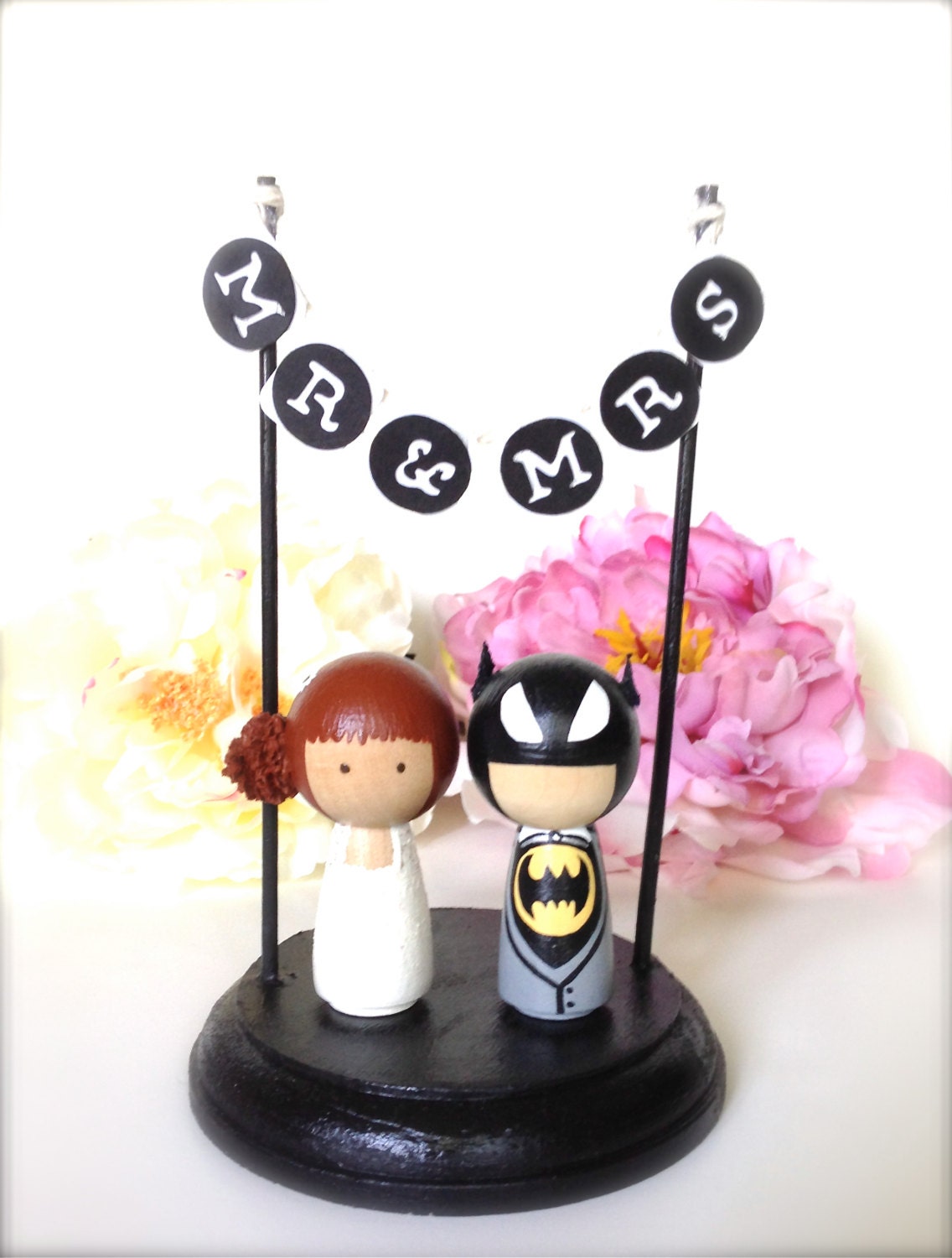 Kokeshi Superhero WEDDING CAKE TOPPER with Mr and Mrs Bunting Stand Geekery Cake Topper