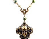 Art Nouveau Woman Pearl Necklace Oxidized Brass Olive Green Cultured Pearls Wire Wrapped Links N0239 by LooLoo's Box Handcrafted Jewelry