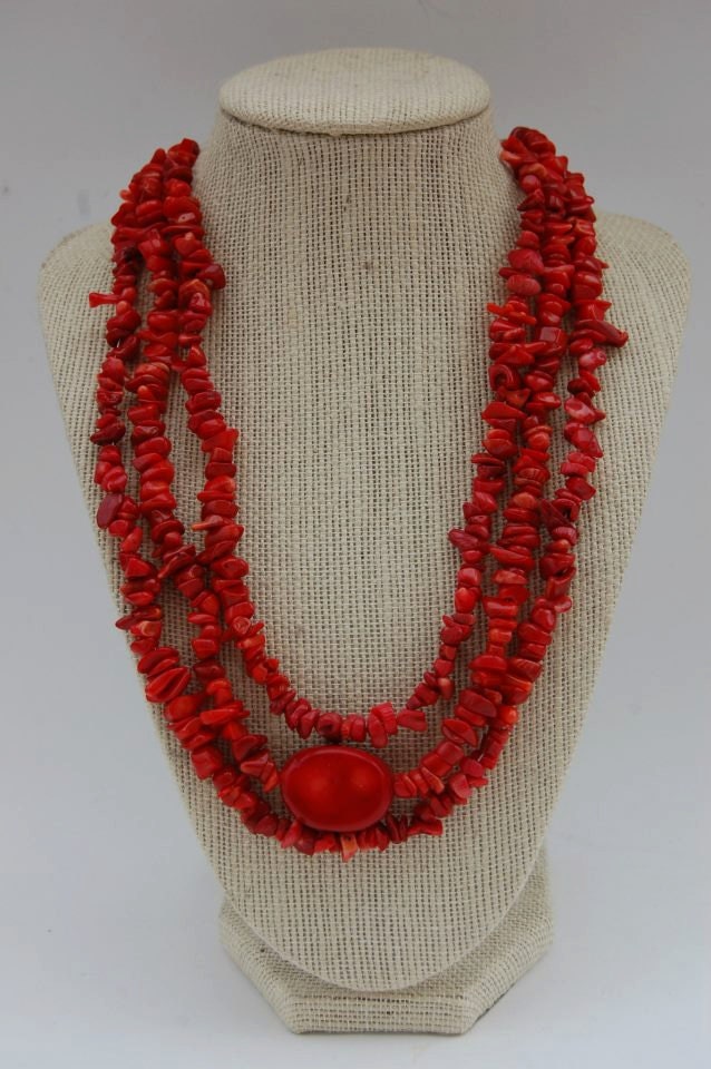 Red Coral Three Strand Necklace with large Coral stone