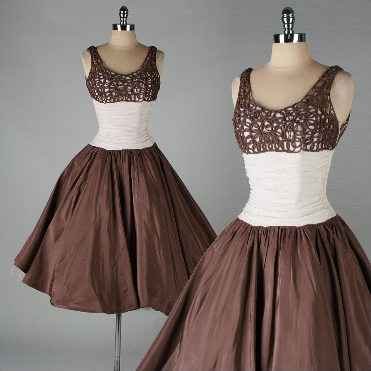 vintage 1950s dress . brown windowpane bodice . shirred waist . 3049