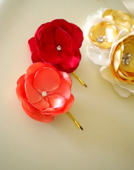 Red and Coral  Satin Flower Pin Handmade Wedding Prom Party
