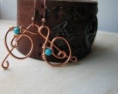 Wire Wrapped Copper Earrings Treble Clef Turquoise