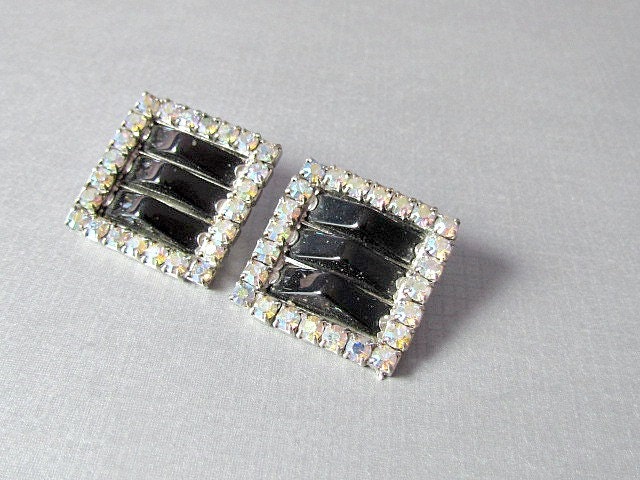 Vintage Rhinestone and Glass Square Clip Earrings