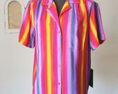 Vintage Short Sleeve Shirt, 80's Does 40's, Striped, Pure Silk,  Bright  Orange, Lavender, Blue, Yellow, and Hot Pink,  Size Medium NOS