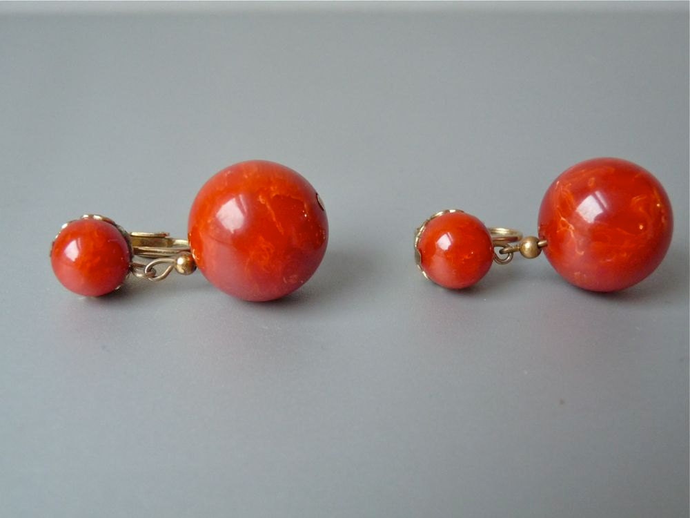 Vintage red bakelite drop clip earrings