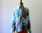 Vintage 1970s sky blue red sheer blouse. pic nic in the garden print blouse