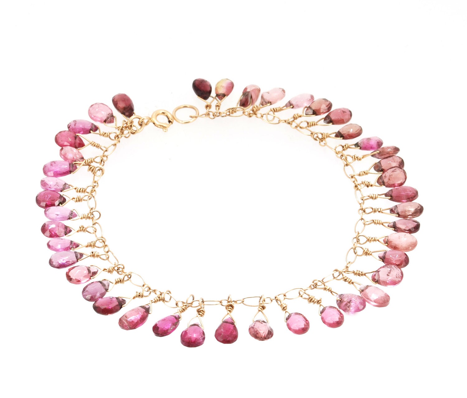 Bright Pink Tourmaline faceted Briolette Feather Bracelet
