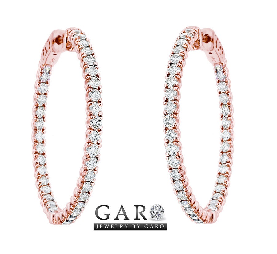 14k Rose Gold  2.90 Carat Inside & Outside Diamond Hoop Earrings 1.25" inch