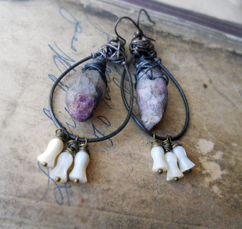 Beaded Chandelier Earrings - Polymer Clay Stones, Steel Wire Frames, Mop Tulips - Rustic Assemblage Earrings