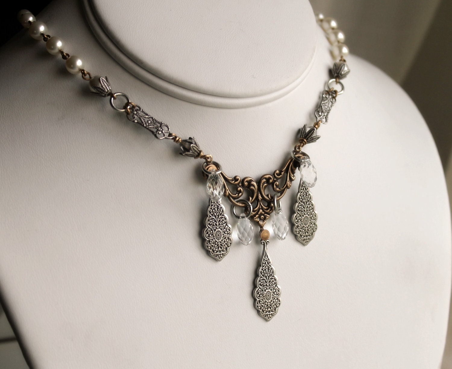 Dauphine Aged Brass, Silver and Swarovski Necklace - Pearl - Marie Antoinette - French - Romantic - Bows - Winter - Bridal