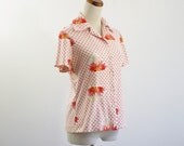 Vintage Cat Print Blouse -- Orange and Mustard Yellow Lion Button Down Shirt -- Medium