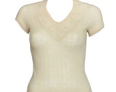 Vintage 70s cream open knit crochet short sleeve top with floral appliqué by designer Kenzo small