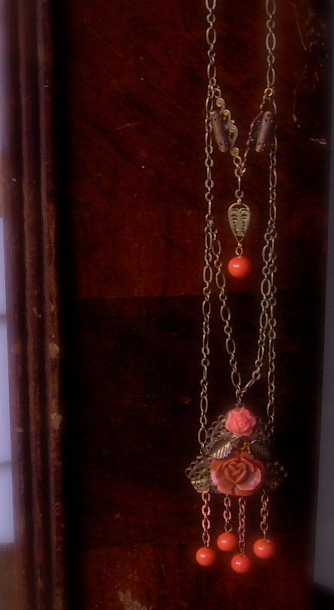 winter rose- flapper long necklace with antique coral rose dress clip pendant - art deco - art nouveau - ooak
