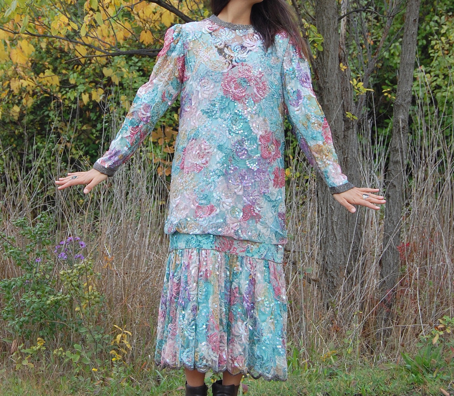 Vintage Beaded Pastel Floral Lace Flower Swinger Flapper Dress with Sequins and Beading