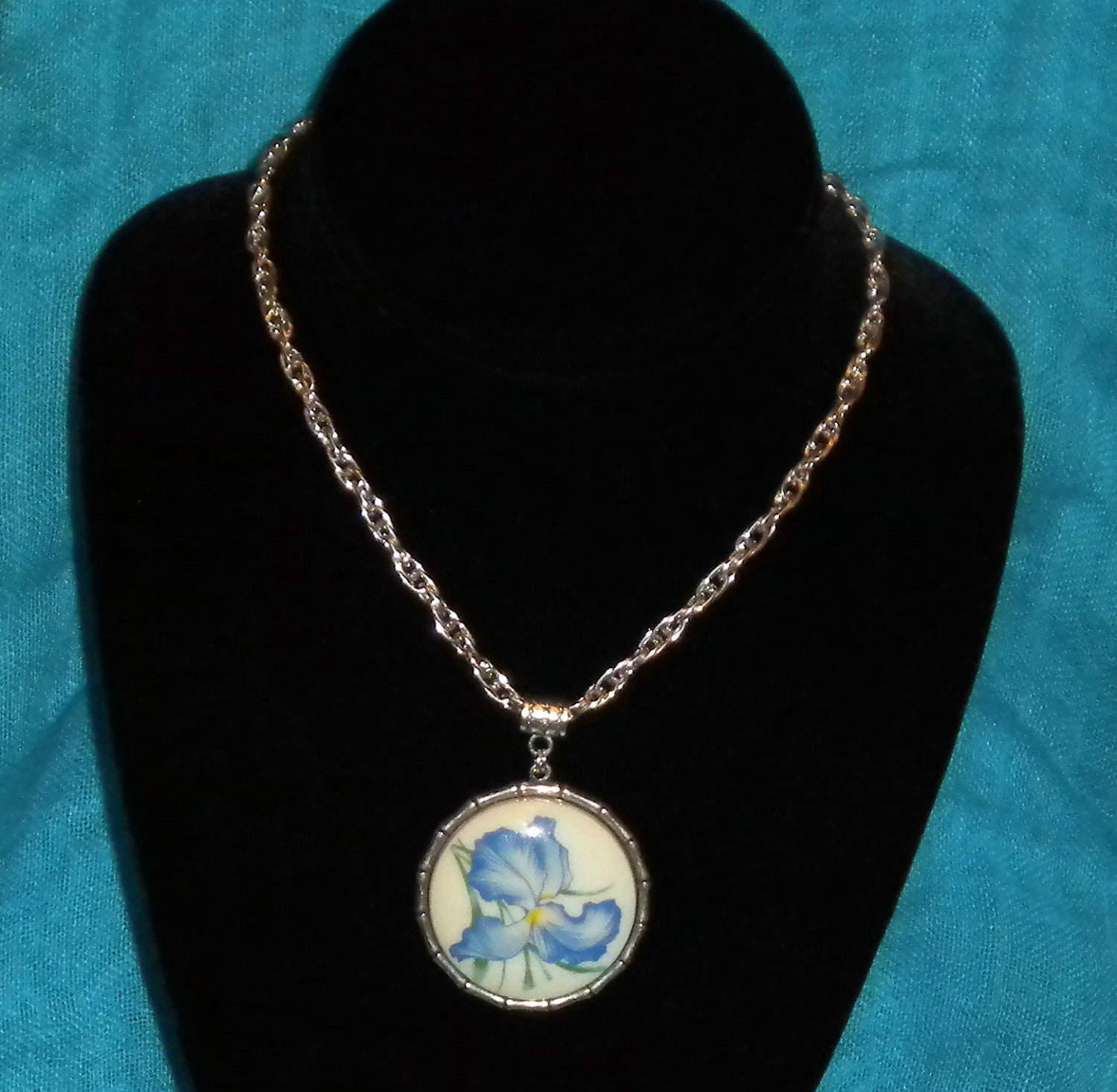 Beautiful Porcelain Iris Pendant on Silver Chain