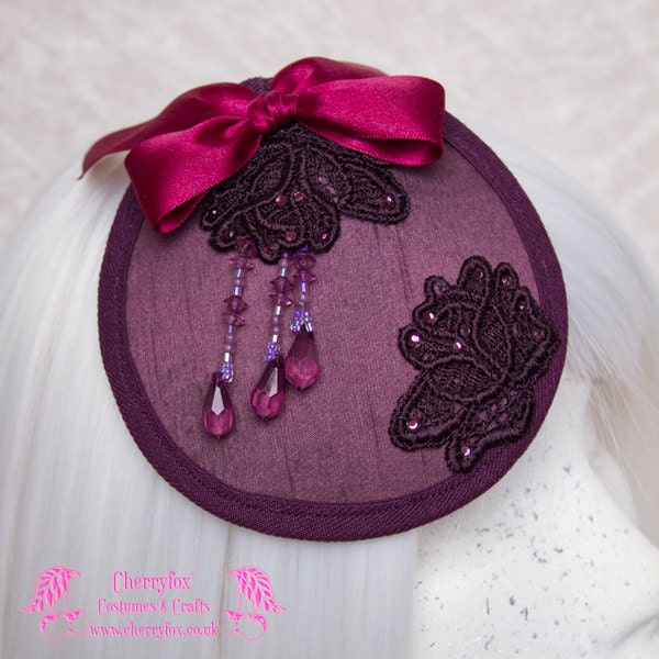 Burgundy Lace Fascinator, Purple, Taffeta, crystal, beads, Venise Lace, Victorian, goth, lolita, Cocktail Hat, wedding, dress, races, mini,