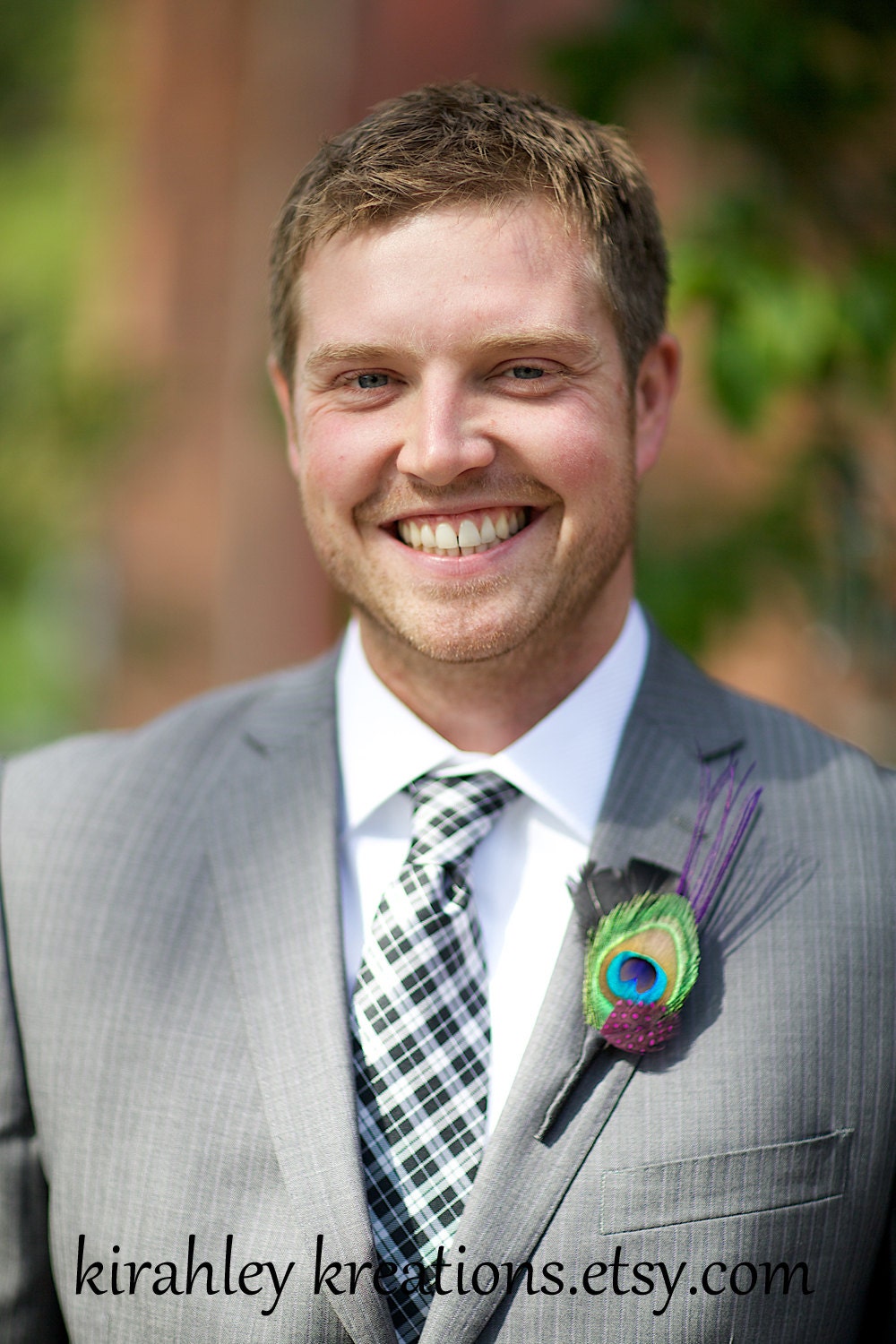 RENDOR -- Vibrant Green, Black and Purple Peacock Feather Grooms Wedding Boutonniere -- Customizable in YOUR Colors