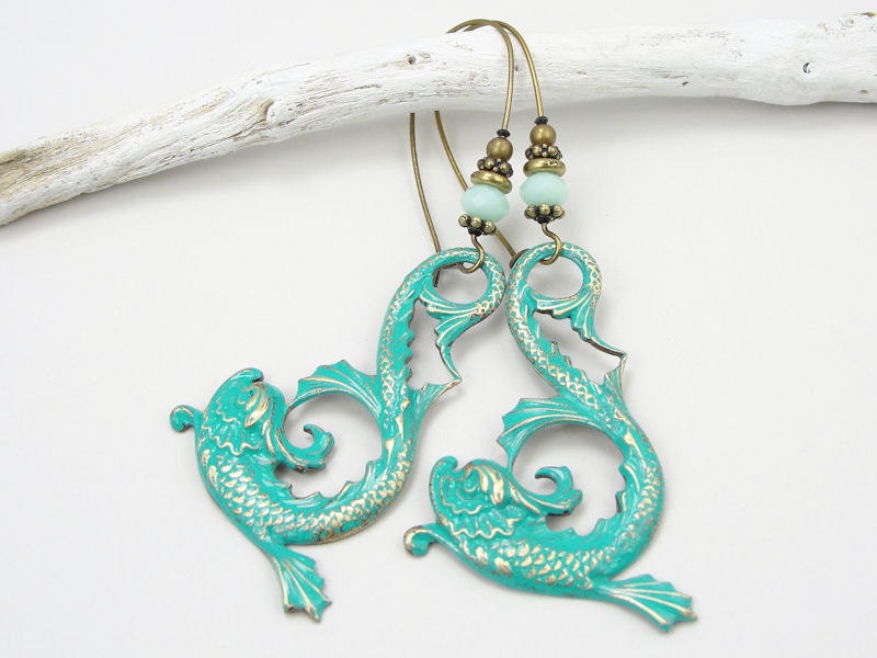 Dragon Earrings Oriental Jewelry Asian Jewelry Shabby Chic Earrings Antique Brass Vintage Style Verdigris Jade Green Earrings Asian Dolphin