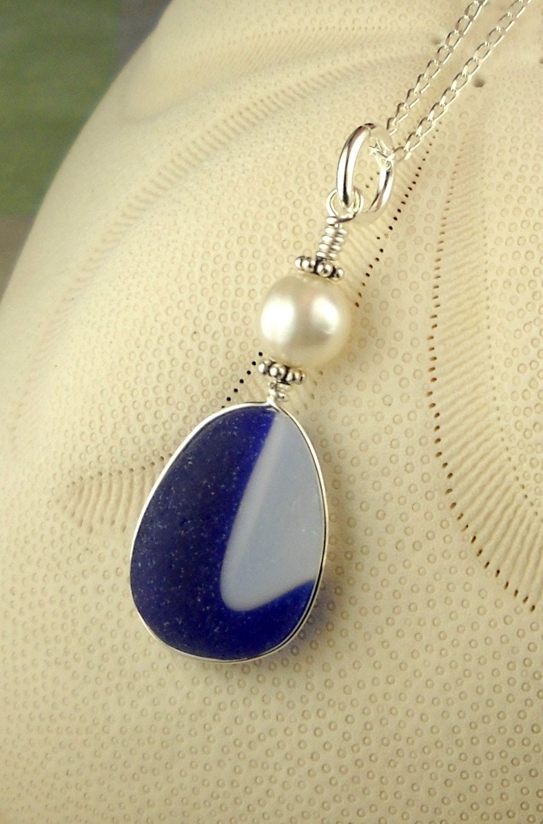 Eco Friendly Wire Wrapped GENUINE Santa Cruz  Sea Glass Jewelry Cobalt Blue And White Necklace