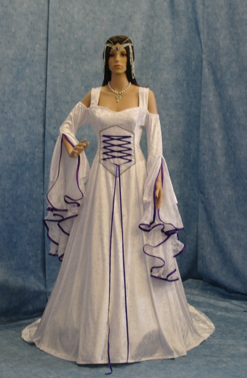 Renaissance medieval handfasting  fantasy wedding dress - white and purple custom made
