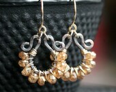 Handmade mixed metal dangle earrings, copper, gold filled, orange, mystic quartz, wire wrapped, beaded, Mimi Michele Jewelry