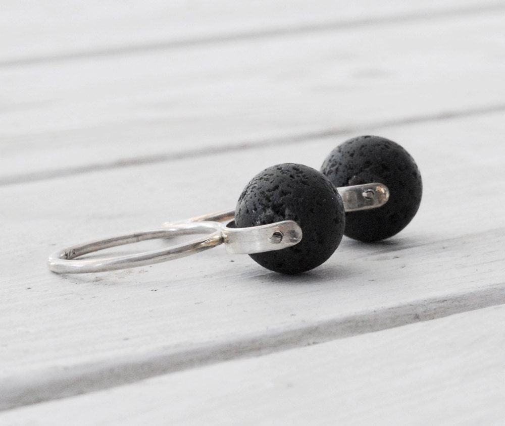 Black Lava Rock Ring, Sterling Silver Geometric Architectural Minimalist Jewelry, Santorini Jewelry 2013, Black Jewelry, Size Made to Order