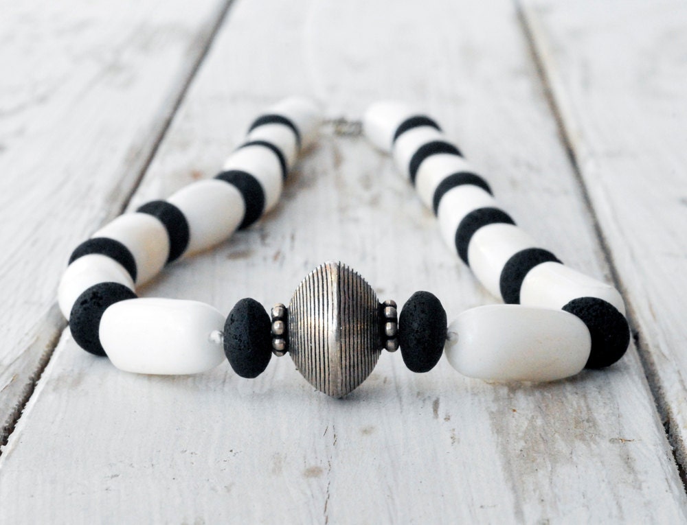 Black & White Santorini Necklace, Black Lava and Seashell Necklace, Contemporary Eclectic High Fashion Jewelry, Statement Gift, Spring 2013