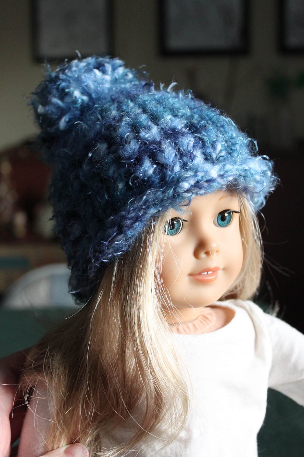 Fuzzy Blue American Girl size handknit stocking hat - halleshobbies