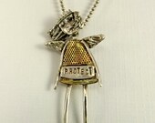 Angel Pia Protects From Prickles - Up Cycled Sterling, Brass Thimble, And PMC - Art Jewelry Pendant - 847