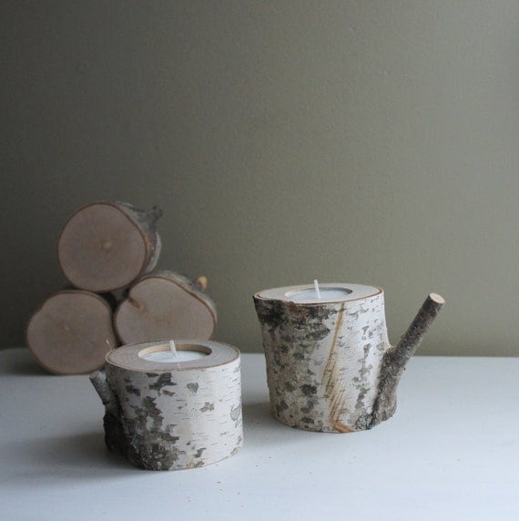 Sale - natural white birch wood candle holders - set of 2