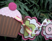 Cupcake Happy Birthday BANNER in pinks brown and green