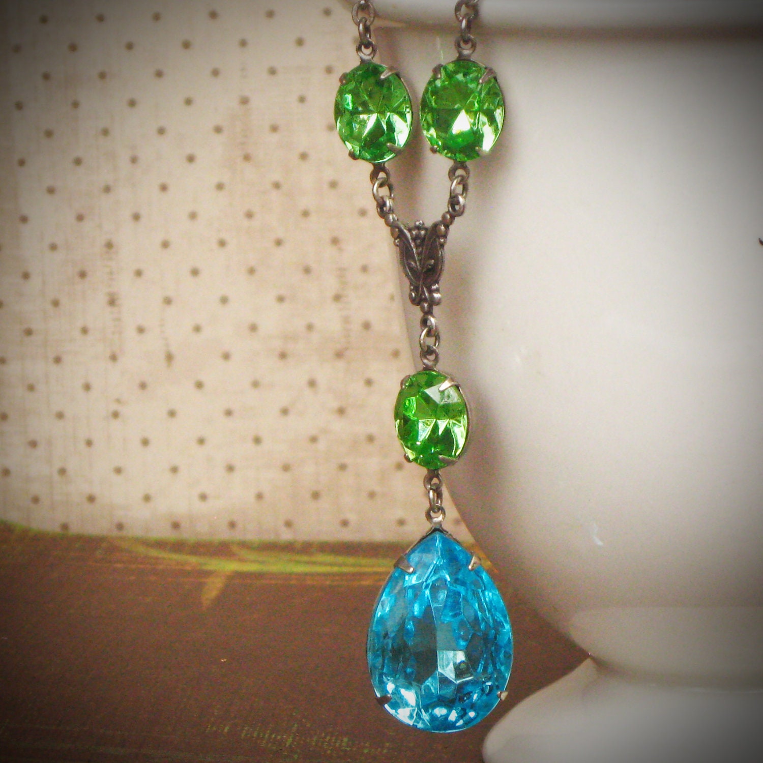 Aqua & Peridot Vintage Rhinestone Necklace, Wedding, Bride