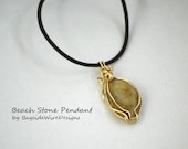 Handmade Gold Caramel Wire Wrap Beach Stone Necklace Leather Boho