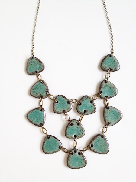 handmade jewelry statement bib necklace in Turquoise green speckled glaze over Cassius Clay