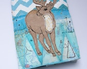 notebook with Stag  - stitched illustration - turquoise and taupe - geometric design - removable cover - sketchbook