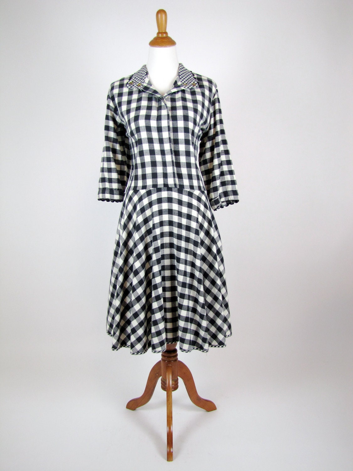 Vintage 1980's Jan Barboglio Dress - Black & White Buffalo Plaid Shirt Dress - Large/XL