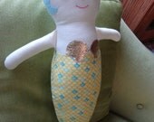 Handmade MERMAID Rag Doll - light blue hair, gold shells, blue eyes, yellow and blue tail - Ready to Ship Same Day
