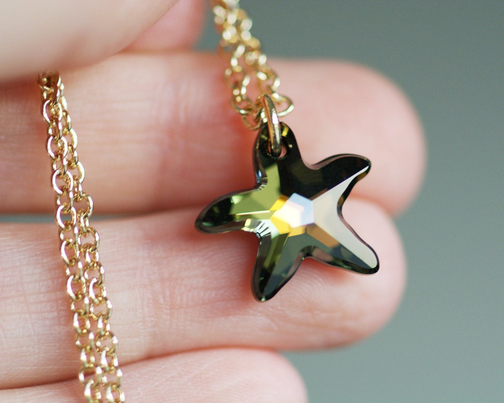 Teal & Tobacco Starfish Necklace - Deep Yellow-Green Blue Bronze Crystal Pendant
