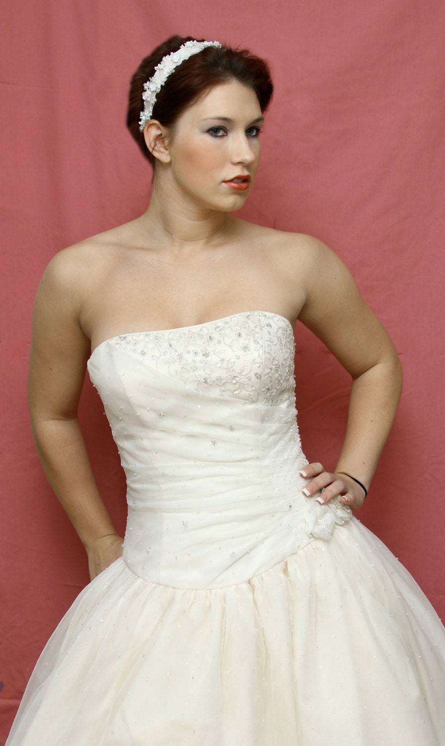 Bridal headband with flowers, pearls, sequins- White - Ready to ship