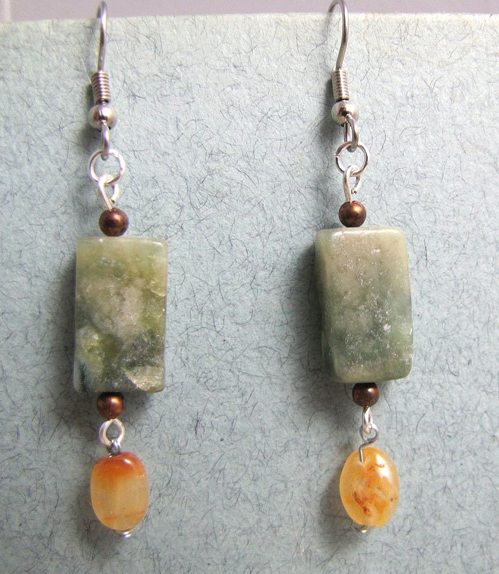 Snakelike earrings: cream quartz, new jade, copper beads (free US shipping)