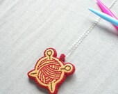 Wooden Embroidered Pendant - KNITTING - AVAILABLE in Red - Hand Embroidery on wood