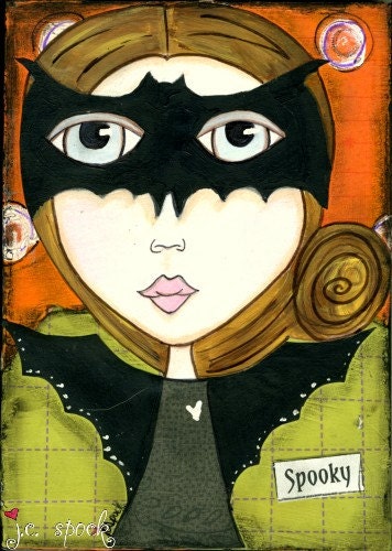 Mixed Media Print: 8x10 print Halloween Bat Girl, Whimsical Art, Halloween Girl, Halloween Art, black, green, orange