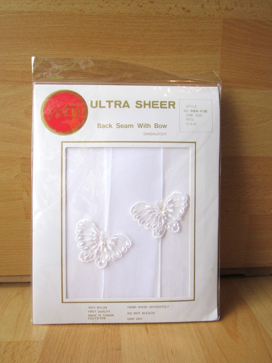 80s White Butterfly and Pearl Back Seam Nylon Tights / Yoffi Fashion Panty Hose NOS / Small Medium
