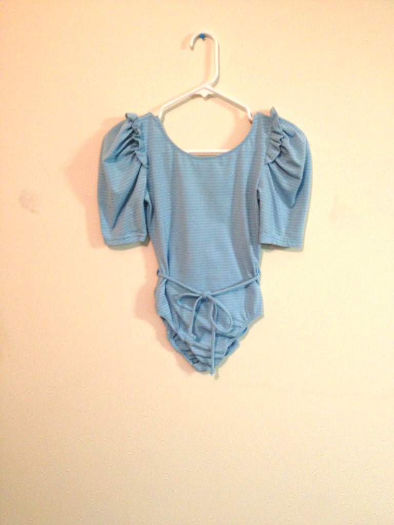 80s Light Blue pastel pink striped  ruffle shoulders backless Onesie romper leotard bodysuit