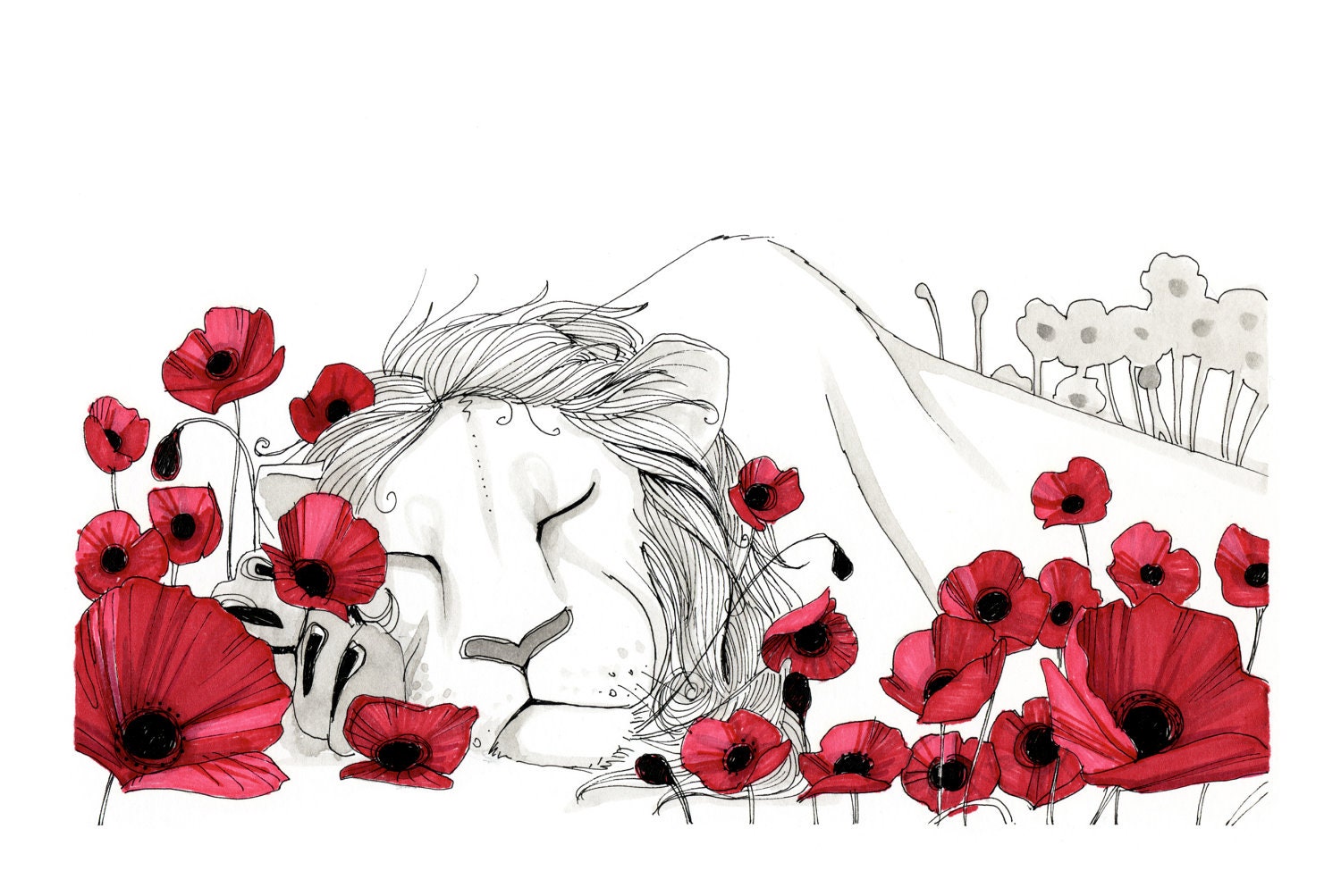 Giclee Print, 2012 Word.A.Day.Illustration print, lion asleep in poppies